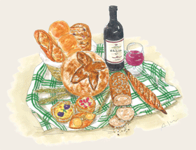 秋山洋子さんのイラスト ワインとパン