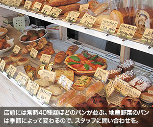 店頭には常時40種類ほどのパンが並ぶ。地産野菜のパンは季節によって変わるので、スタッフに問い合わせを。