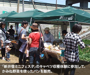 「新井宿ミニフェスタ」のキャベツ収穫体験に参加して、かみね野菜を使ったパンを販売。